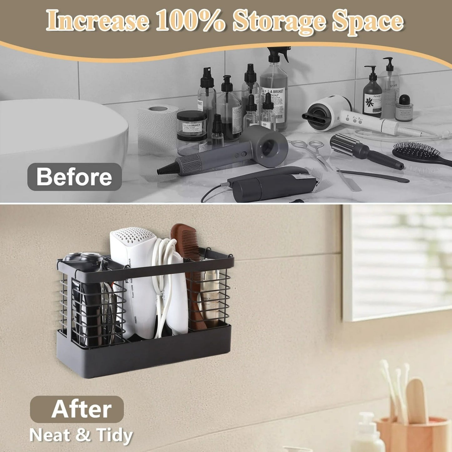 LunaLulinlk Tool Organizer, 3-in-1 Hair Dryer Holder Metal Bathroom Organizer Wall Mount Cabinet Door for Hair Dryer, Curling Iron, Makeup, Black