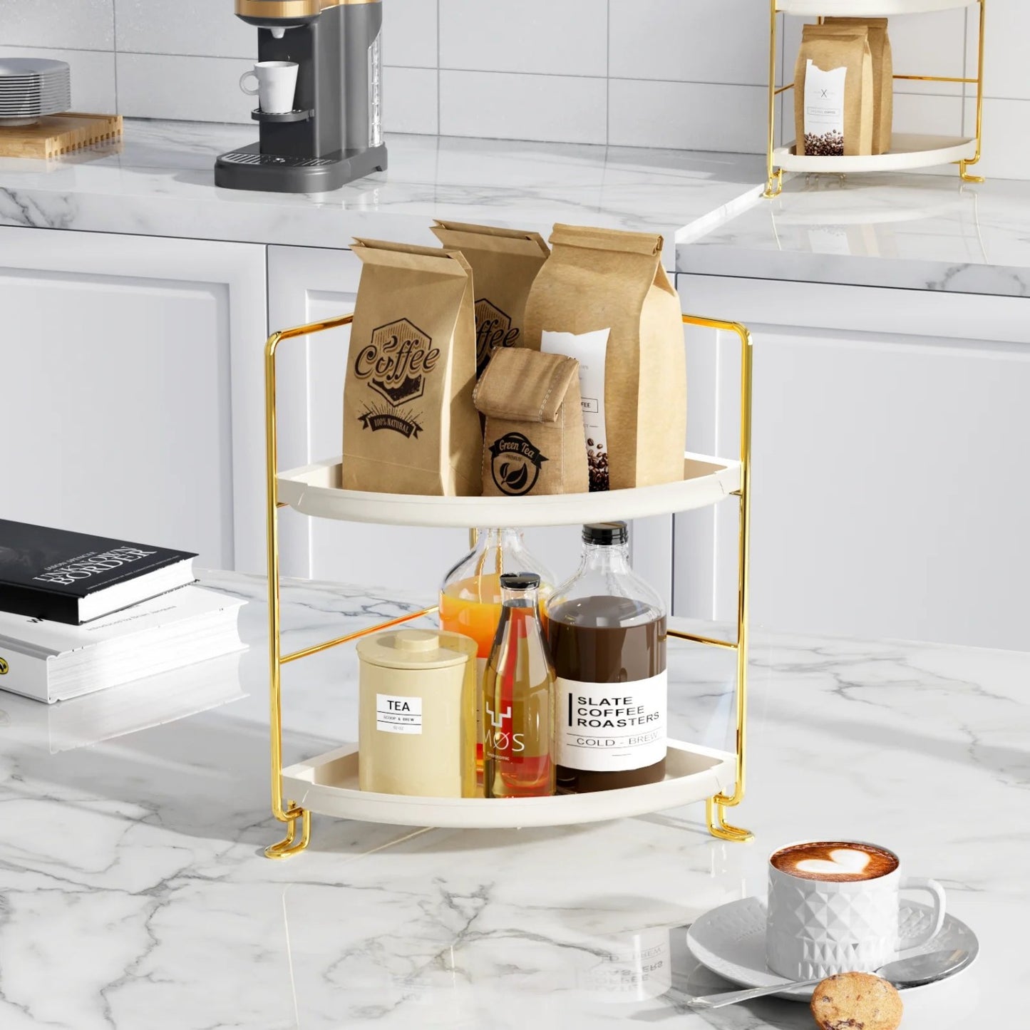 LunaLulinlk Stainless Steel 2-Tier Corner Makeup Organizer with 4 Compartments, Gold