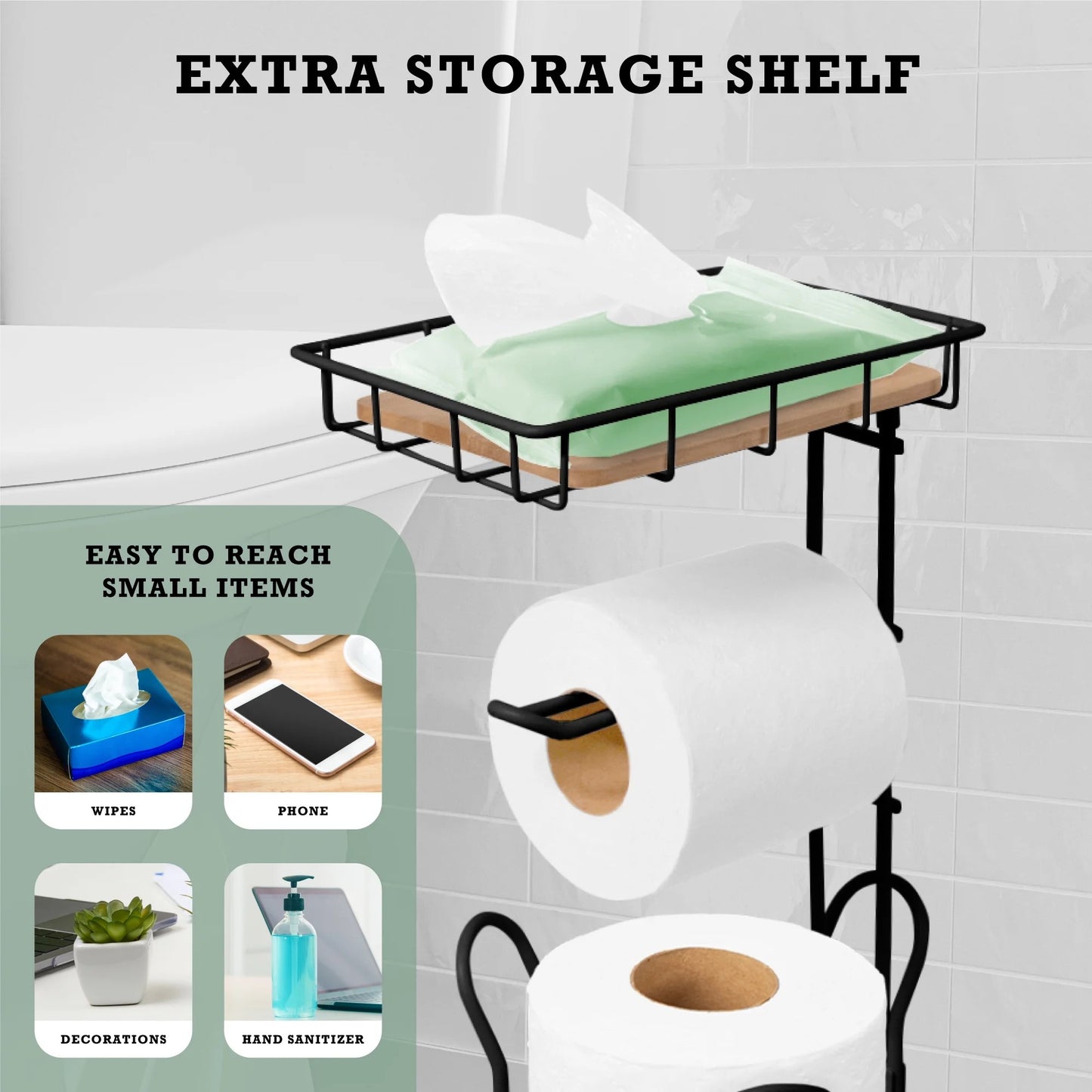 LunaLulinlk Toilet Paper Holder Stand with Bamboo Shelf Bathroom Decor, Black