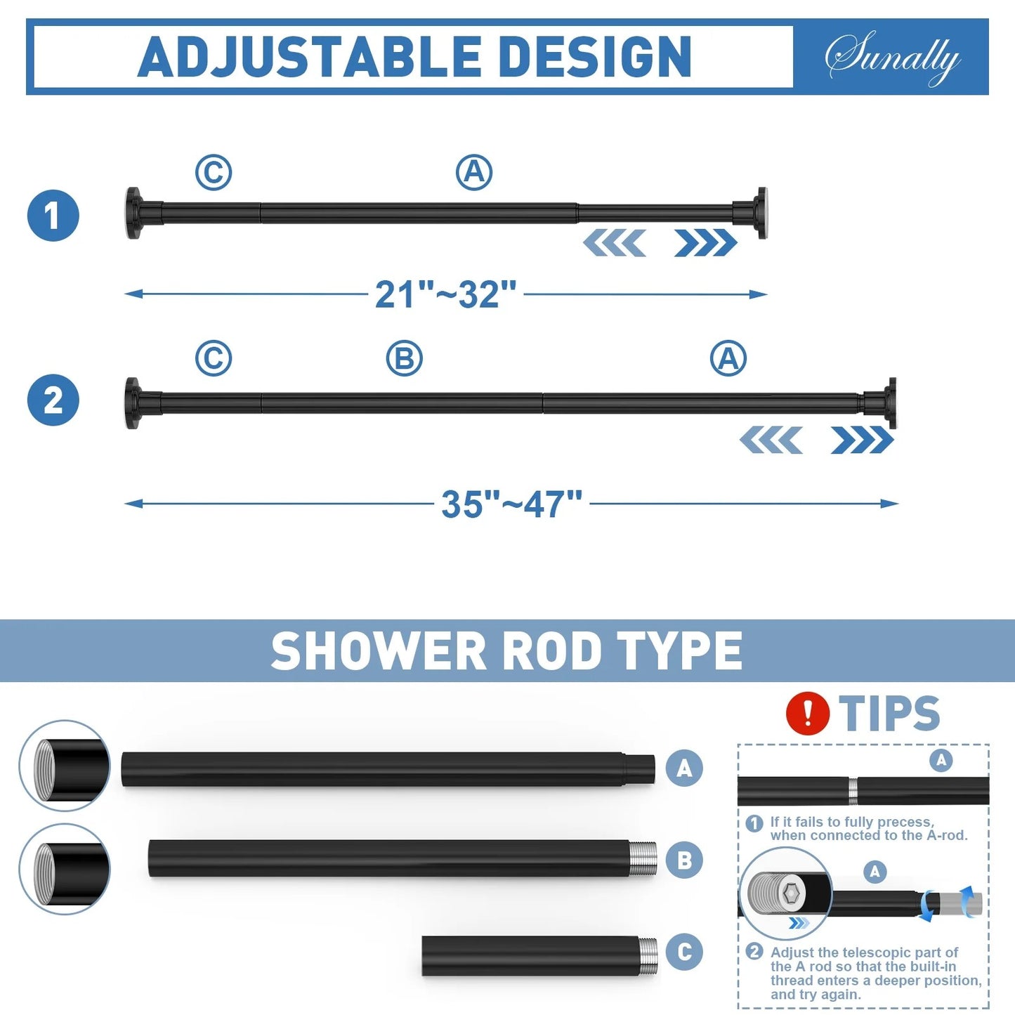 LunaLulinlk Shower Curtain Rod, Adjustable 32-47 inch Spring Tension Curtain Rods for Bathroom, No Drilling Rustproof Non-Slip Stainless Steel Rod, Black