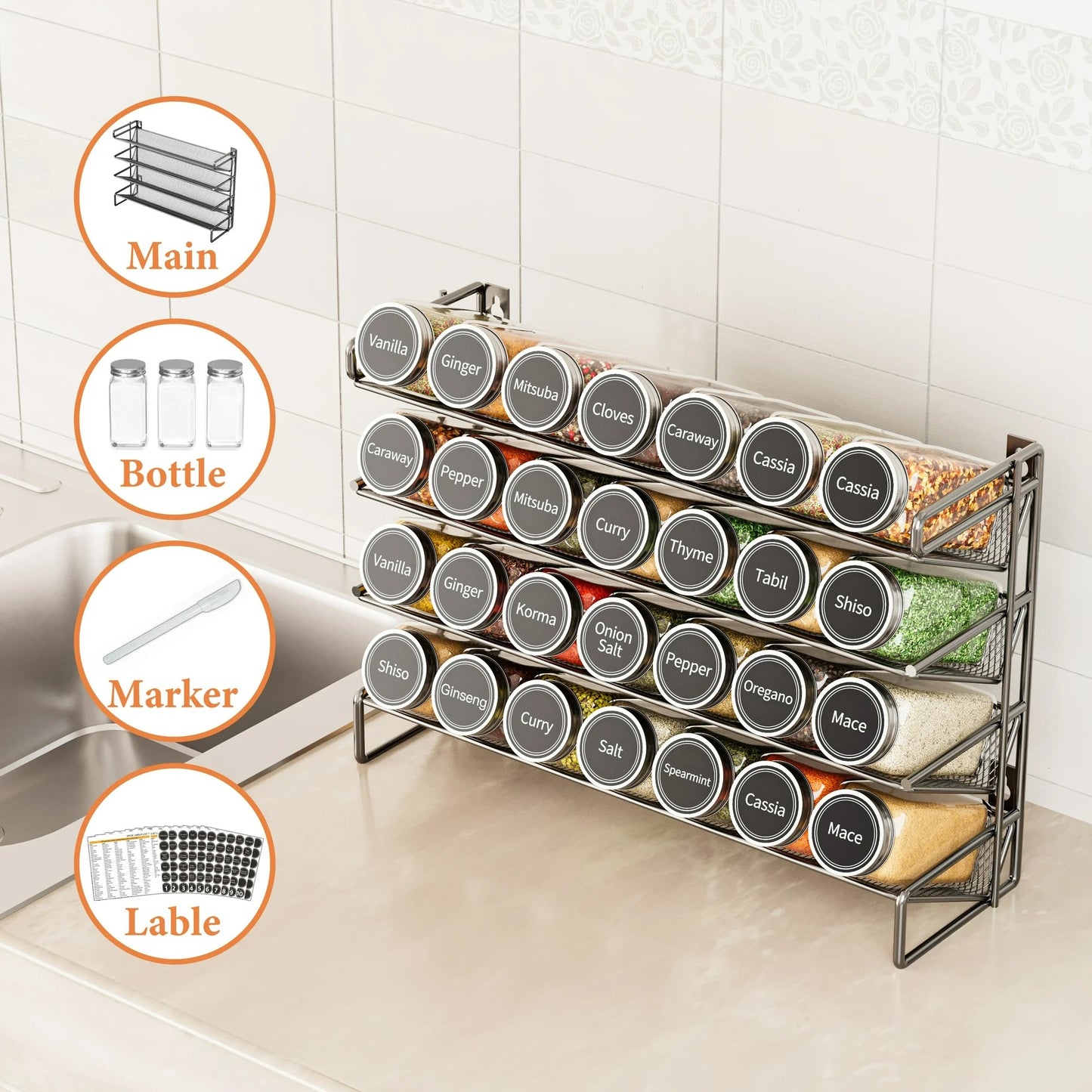 LunaLulinlk Spice Rack Organizer with 32 Jars, 4.4"D x 15.3"W x 10.8"H, Black
