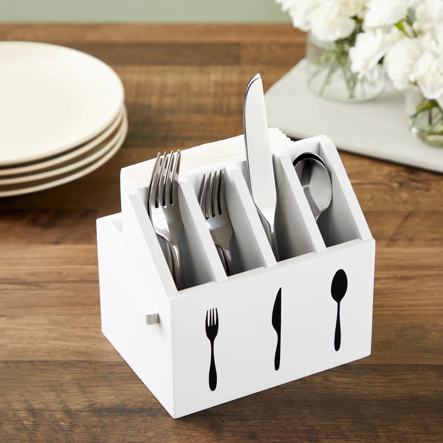 LunaLulinlk Small Wooden Utensil Holder with 5 Slots for Fork, Knife, and Spoons, Silverware Holder, Kitchen Organization (White, 7x5.25x6.5 in)