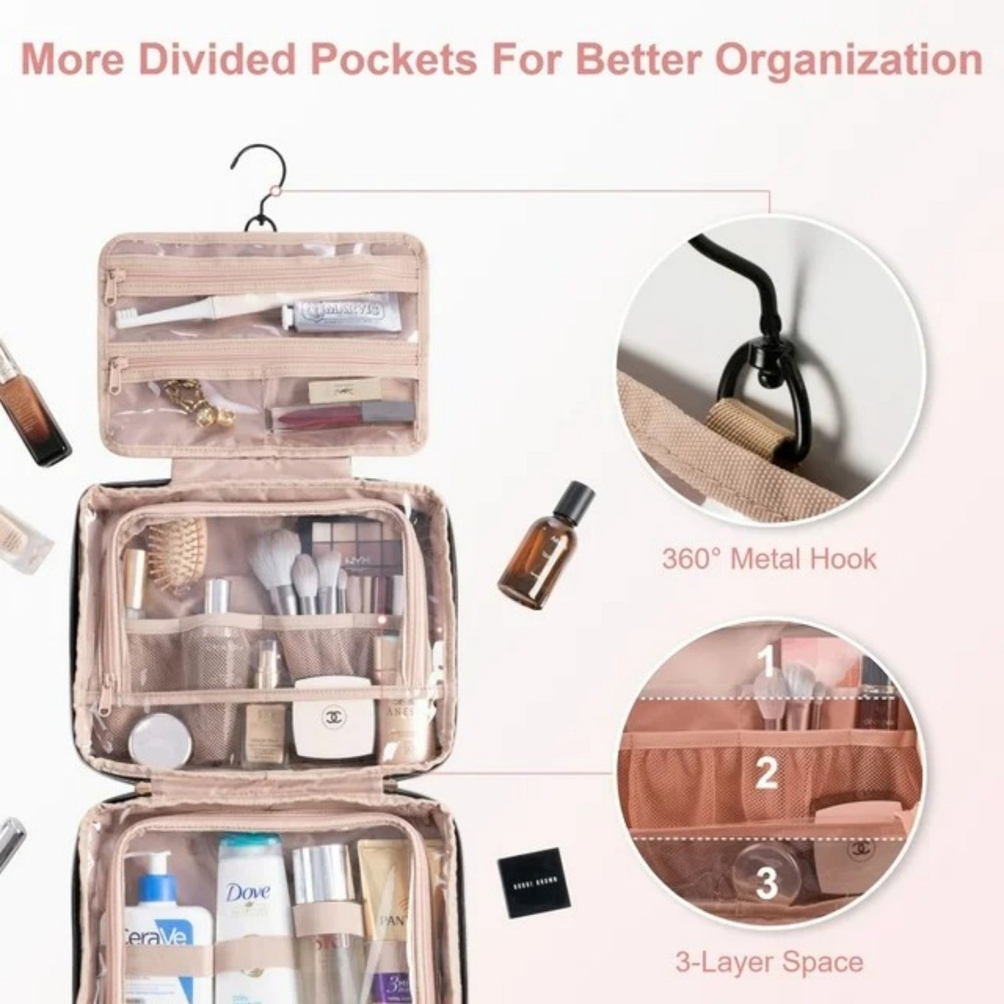 LunaLulinlk Travel Makeup Bag for Women Hanging Toiletry Bag Cosmetic Bag Organizer Accessories Kit Pink