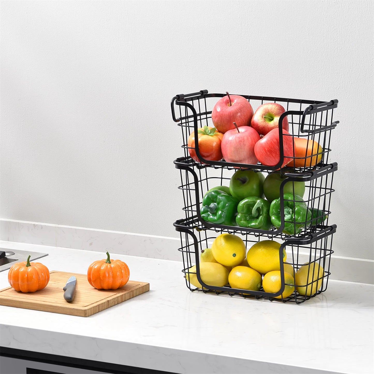 LunaLulinlk Stackable Metal Wire Storage Basket Set for Pantry, Countertop, Kitchen or Bathroom – Black, Set of 3