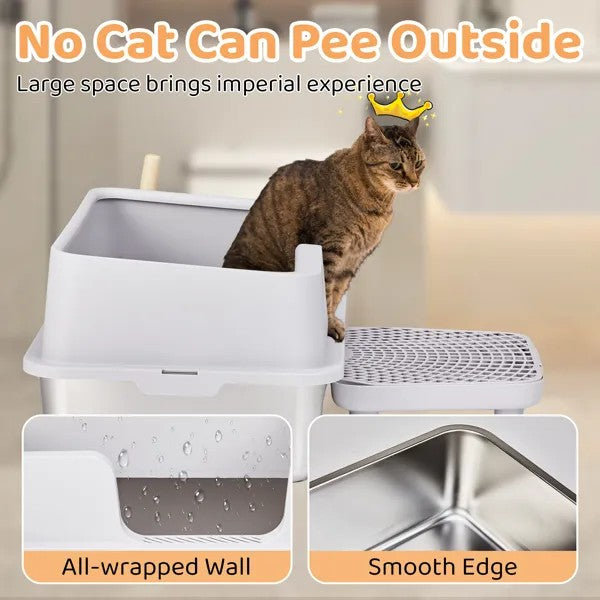 LunaLulinlkStainless Steel Cat Litter Box with Lid, Extra Large Litter Pan with High Sides for Big Cats