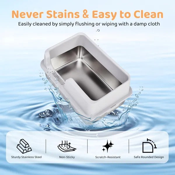 LunaLulinlkStainless Steel Cat Litter Box with Lid, Extra Large Litter Pan with High Sides for Big Cats
