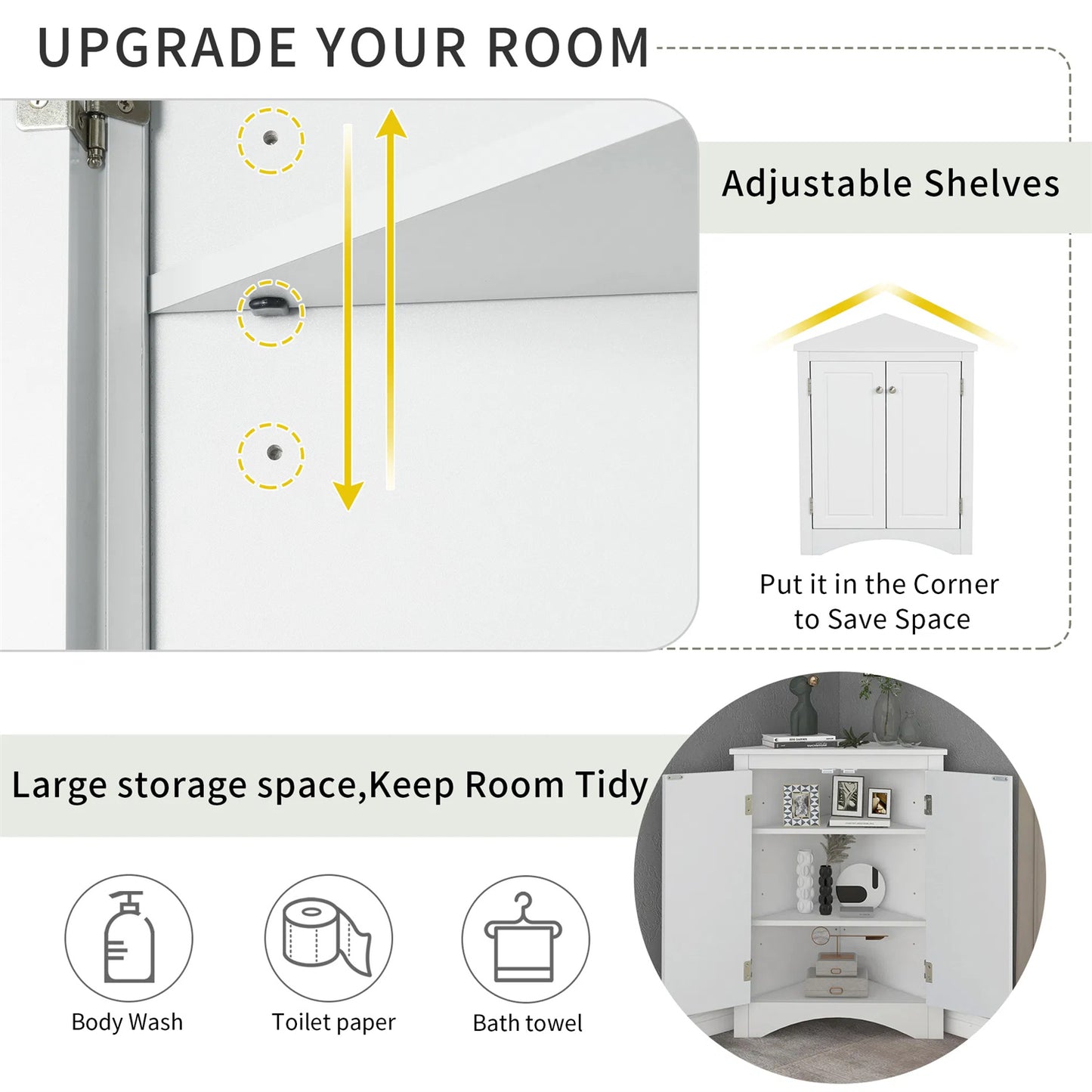 LunaLulinlk White Triangle Bathroom Storage Cabinet with Adjustable Shelves, Freestanding Floor Cabinet