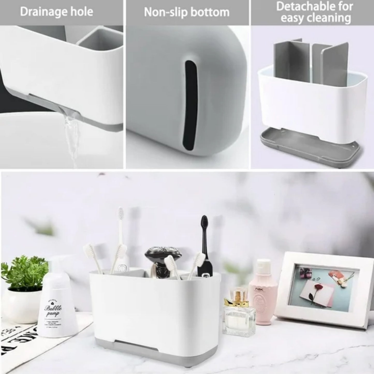 LunaLulinlk Toothbrush Holders for Bathrooms, Toothbrush Toothpaste Holder with Adjustable Dividers and Drainage, 5 Slots Tooth Brush Holder Gray