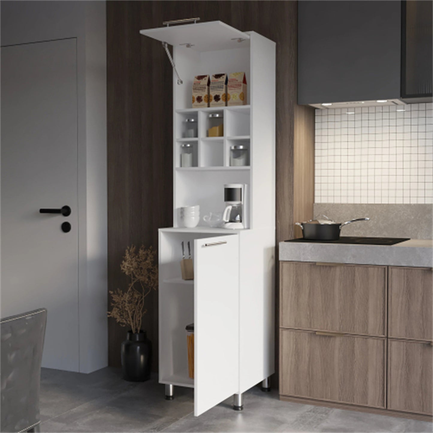 LunaLulinlk White Kitchen Pantry with Pneumatic Door and Open Storage
