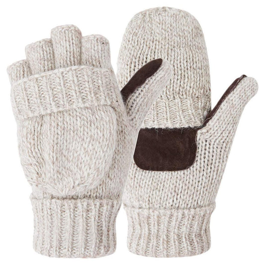 LunaLulinlk Winter Mittens Fingerless Gloves Wool Knitted Warm Gloves Convertible Gloves Men and Women Beige One Pairs
