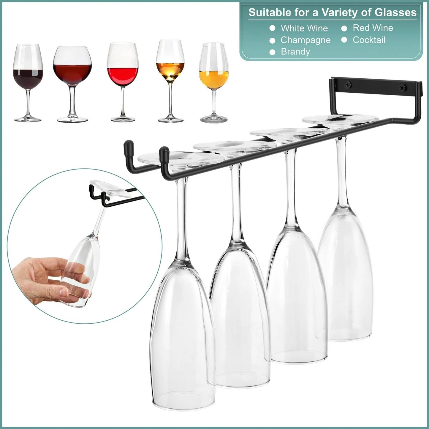LunaLulinlk Wine Glass Holder 12 Inch Rack Wall Mount Under Cabinet Storage Holds 4 Stemware Wine Glasses Each, 8 Total - Set of 2
