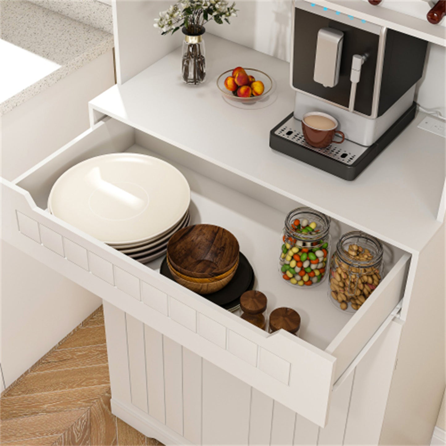 LunaLulinlk White Buffet Cabinet with Hutch - Modern Farmhouse Kitchen Storage Sideboard, Coffee Bar Station or Liquor