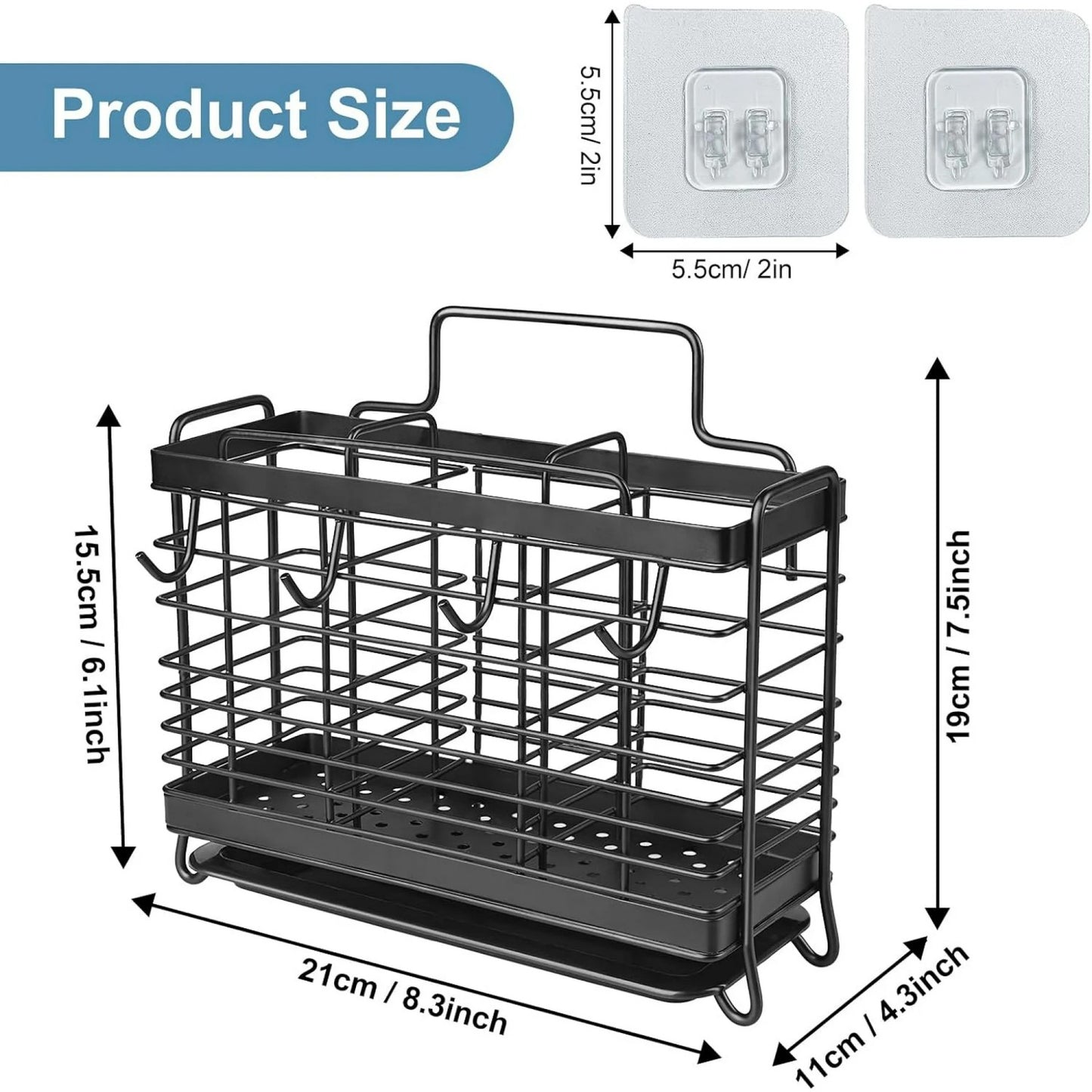 LunaLulinlk Utensil Holder for Kitchen Counter, Stainless Steel Cooking Utensil Holder Organizer with 3 Compartments, Utensil Drying Rack with Hooks