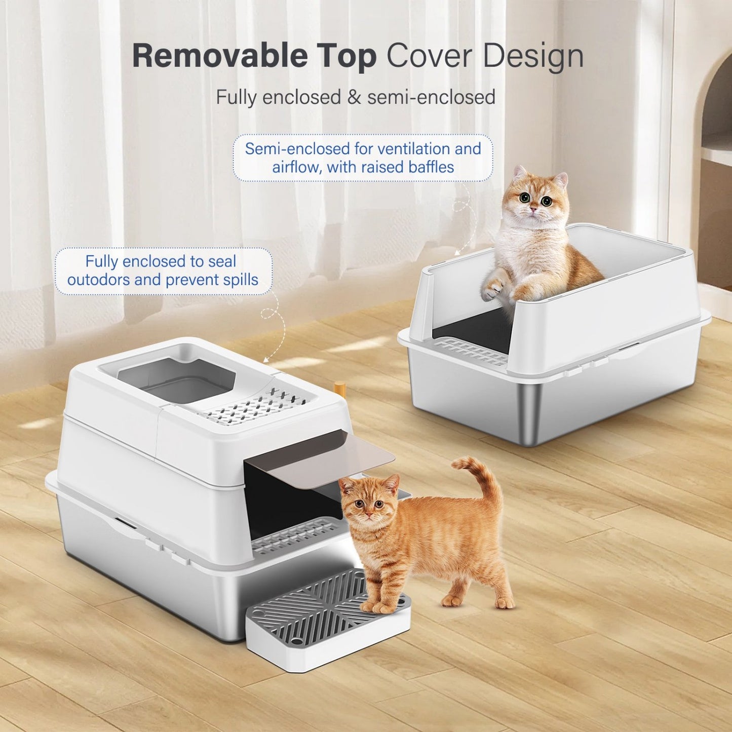 LunaLulinlk White stainless steel high-sided cat litter box with tray, scoop, storage box, and filter pedal