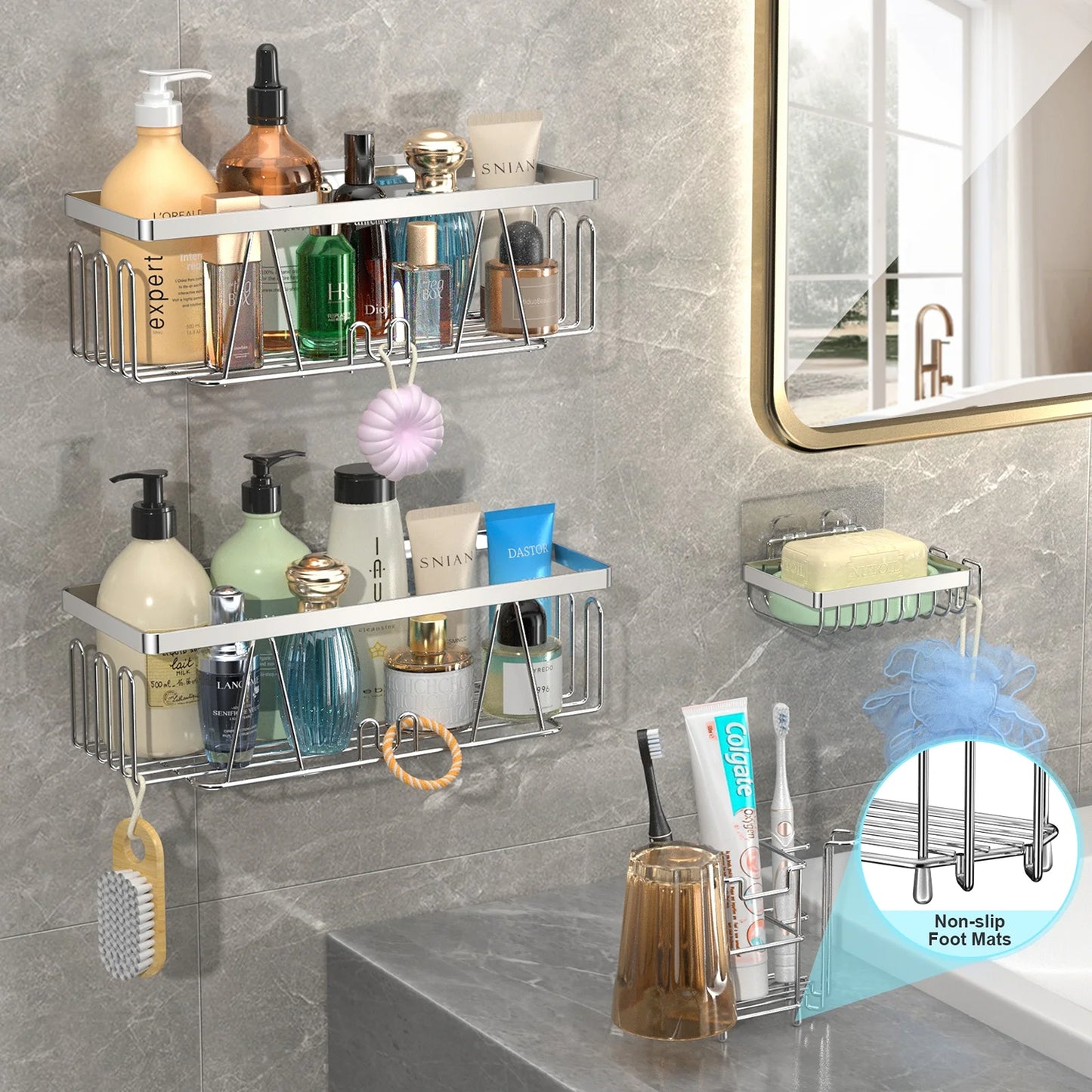 LunaLulinlk Stainless Steel Bathroom Self-Adhesive Wall-Mounted Large Capacity Shower Cage, No Drilling Required, 5-Pack, Silver