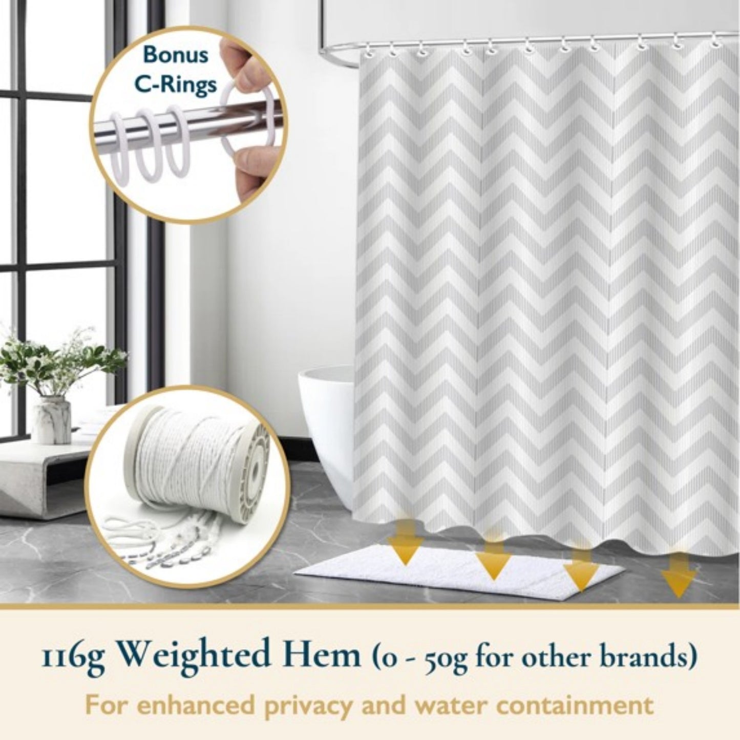 LunaLulinlk Weighted-Hem Fabric Bathroom Curtain, Water-Repellent