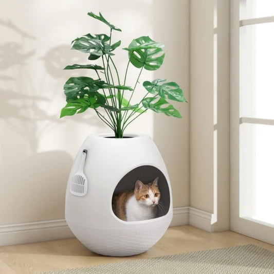 LunaLulinlk white cat litter box set with artificial plants, additional scoop, and replaceable litter box liner