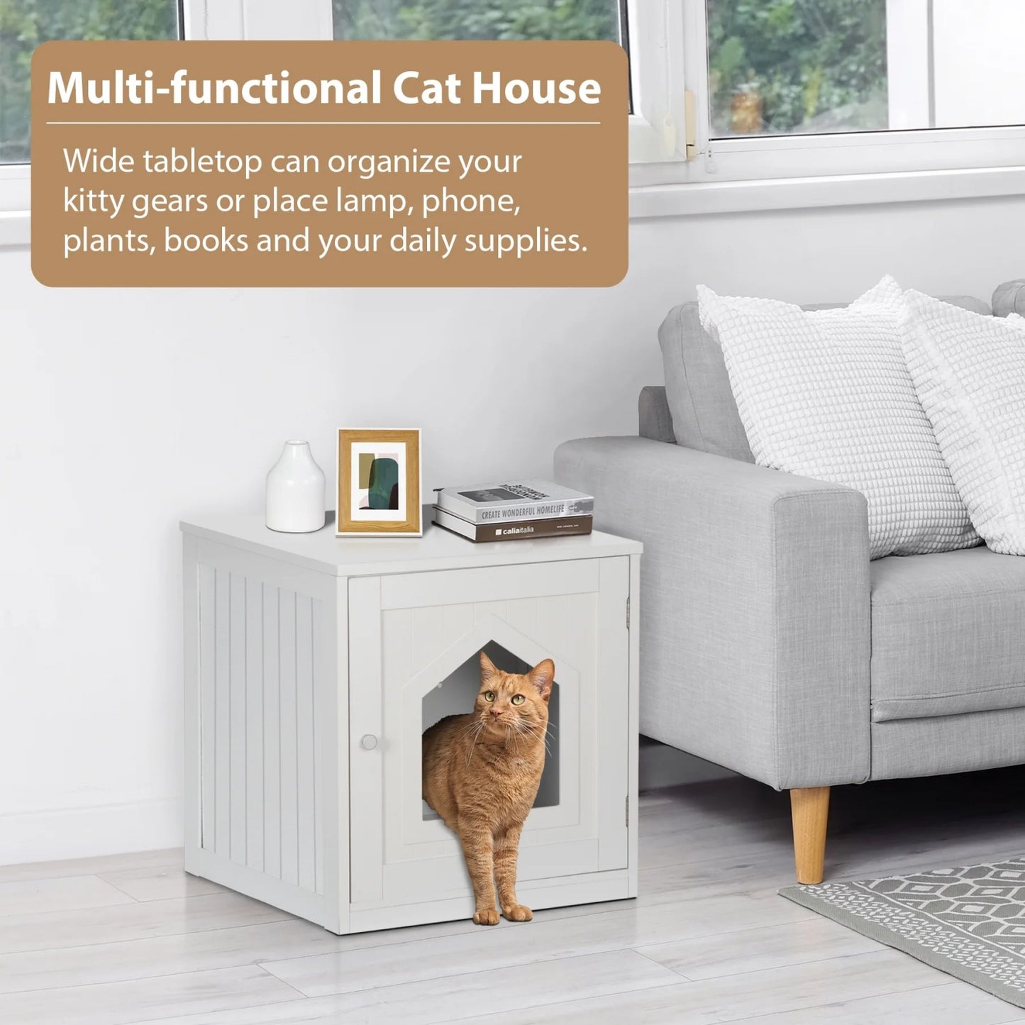 LunaLulinlk white 20-inch pet house with hidden litter box fence and medium-density fiberboard side table