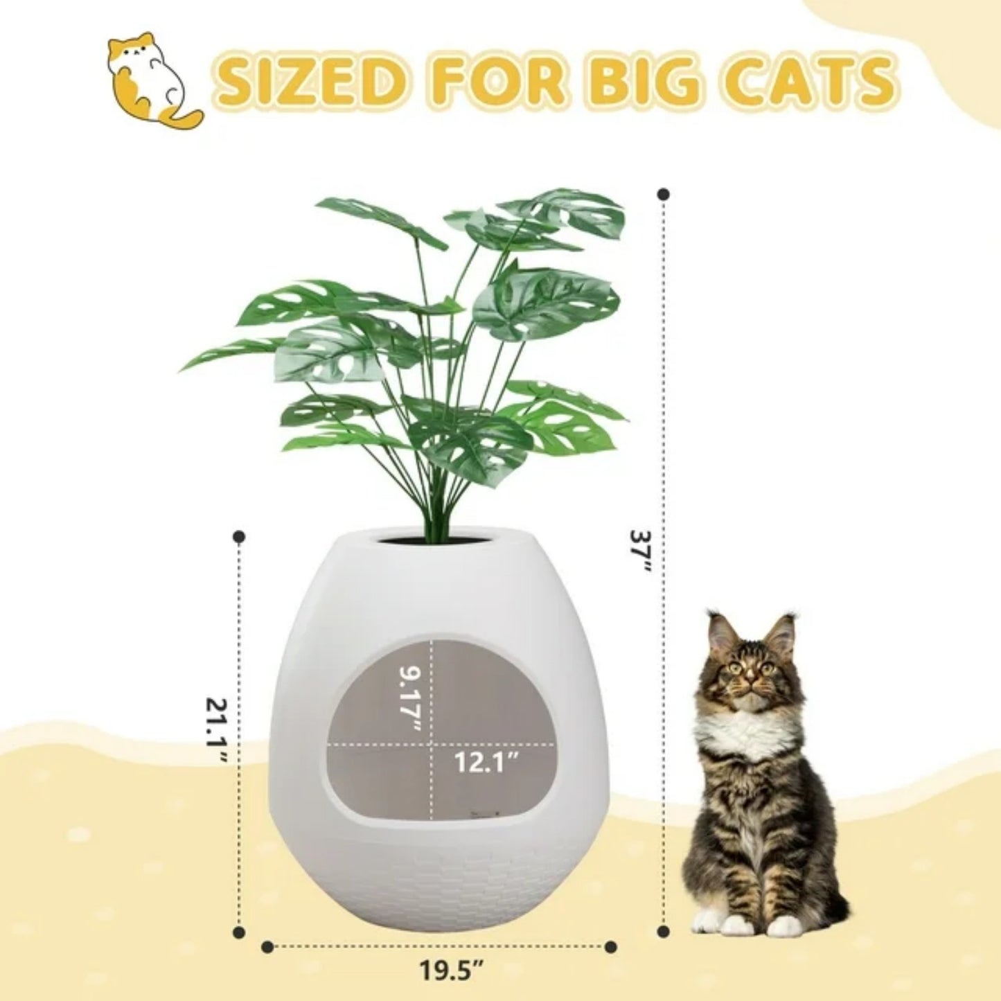 LunaLulinlk white cat litter box set with artificial plants, additional scoop, and replaceable litter box liner