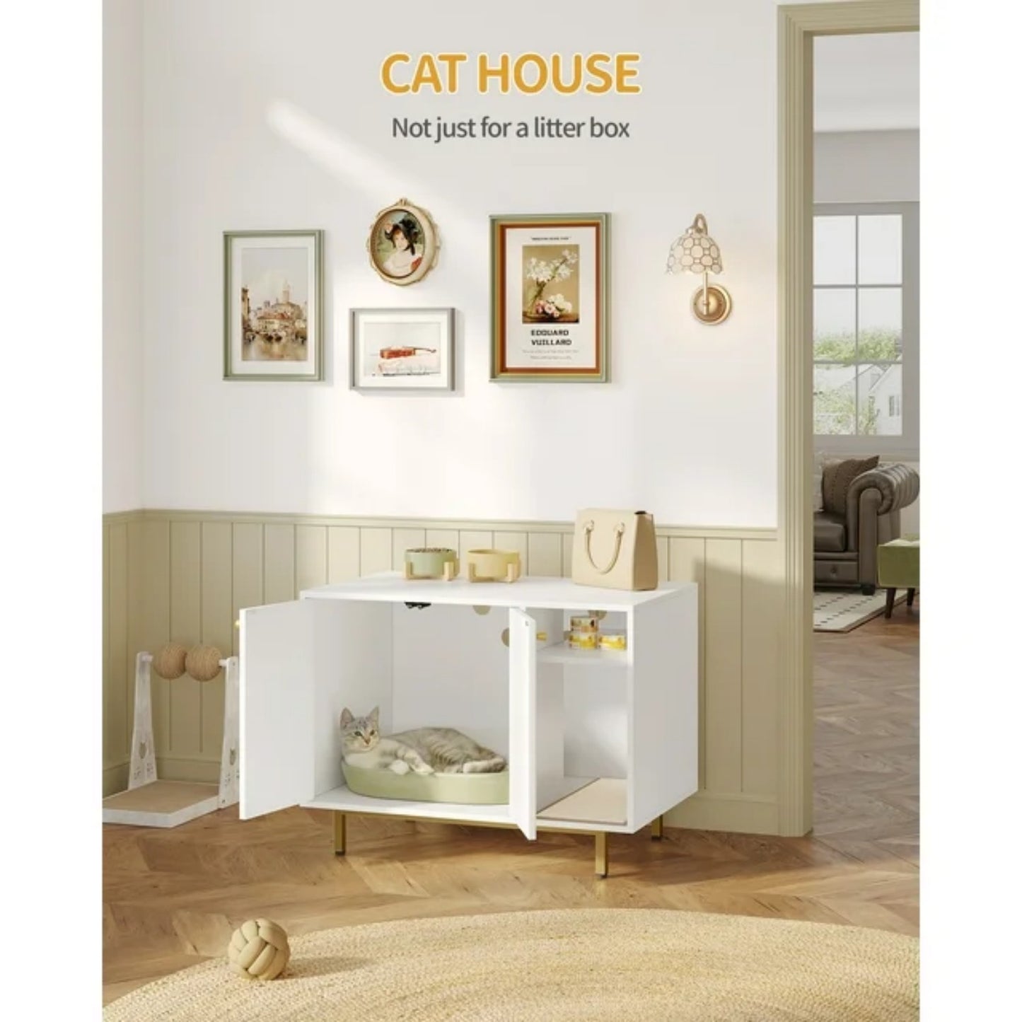 LunaLulinlk White Gold cat litter box fence, modern cat litter box furniture, wooden pet house