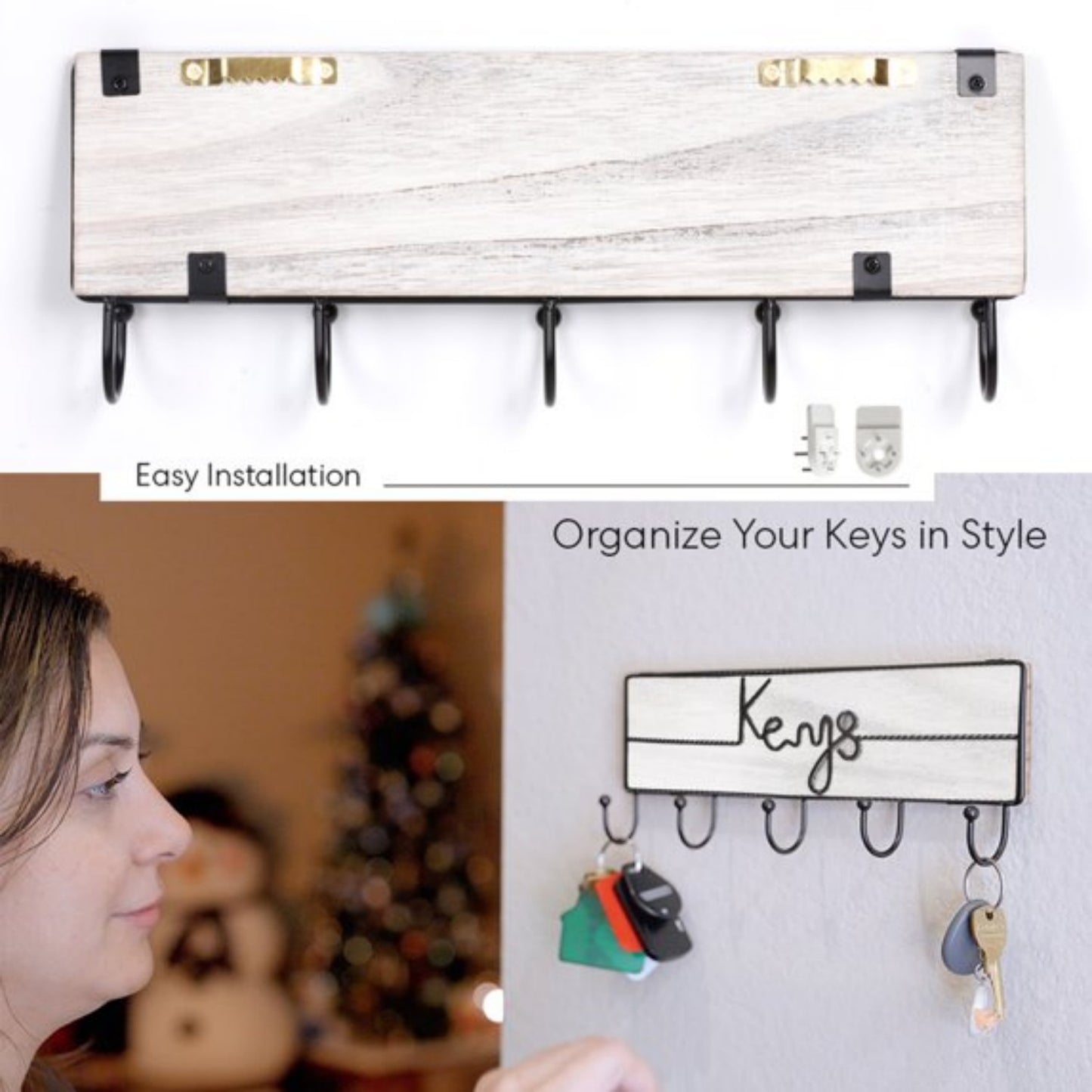LunaLulinlk Wall Mounted Key Hooks Holder Entryway Wooden Keys Hanger Organizer White