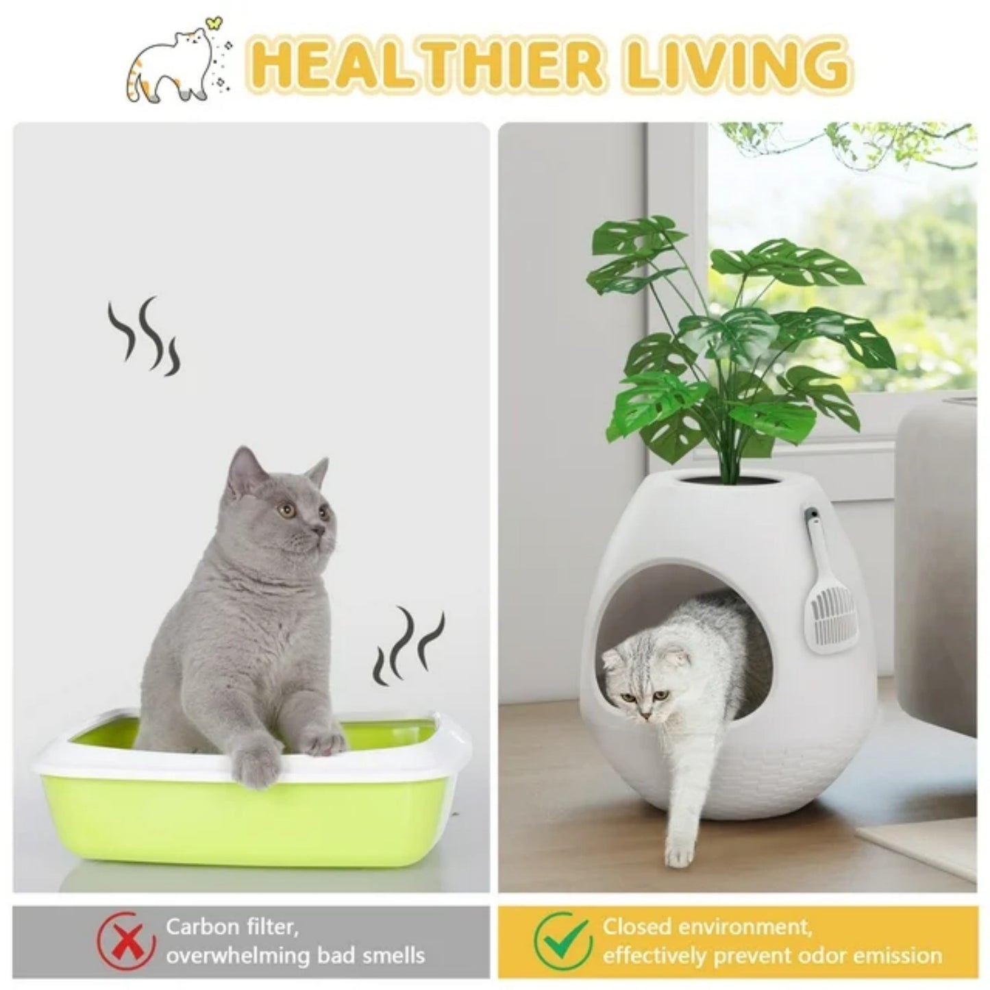 LunaLulinlk white cat litter box set with artificial plants, additional scoop, and replaceable litter box liner
