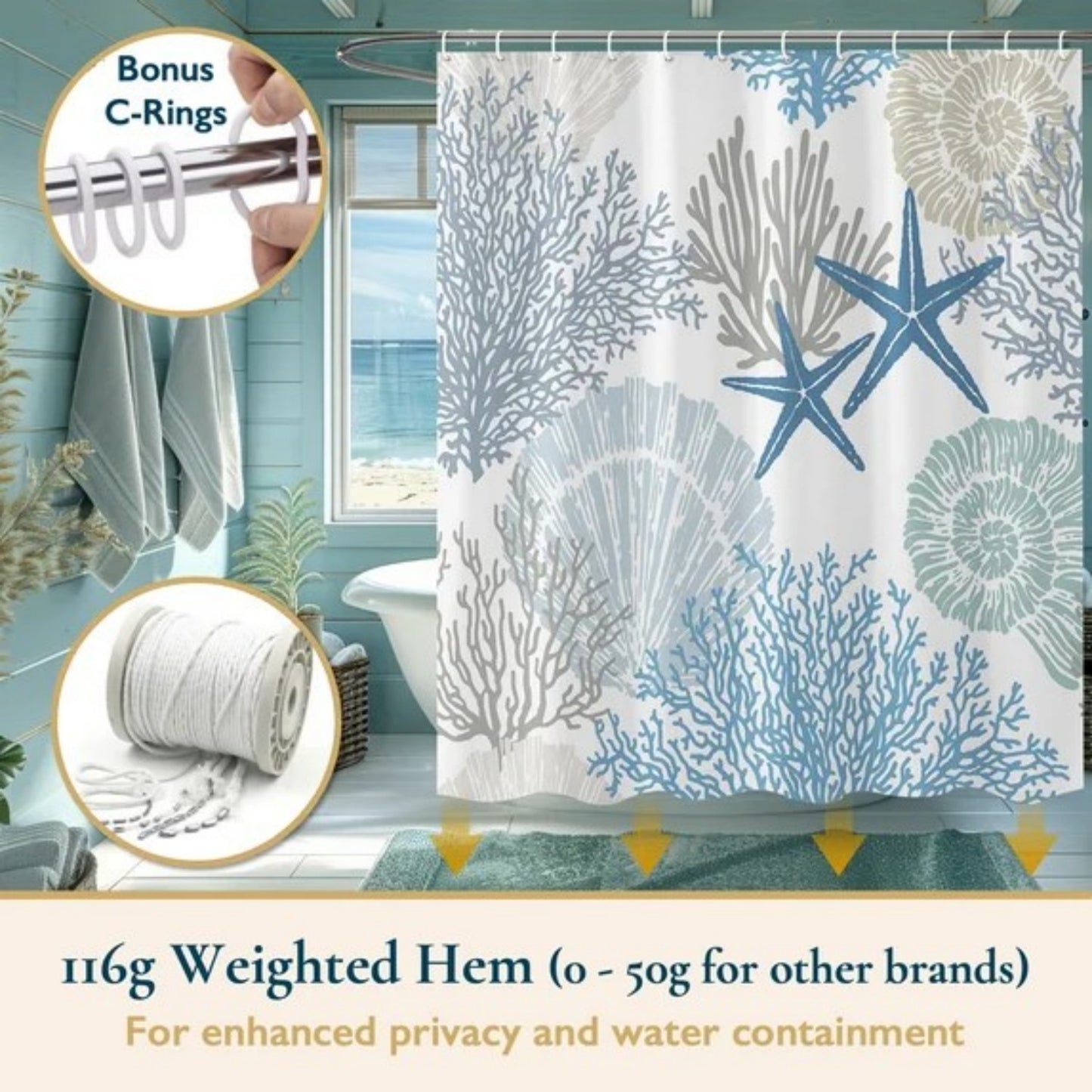 LunaLulinlk Weighted-Hem Fabric Bathroom Curtain,Blue