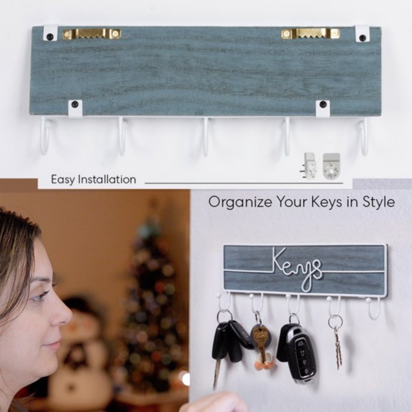 LunaLulinlk Wall Mounted Key Hooks Holder Entryway Wooden Keys Hanger Organizer White and Blue