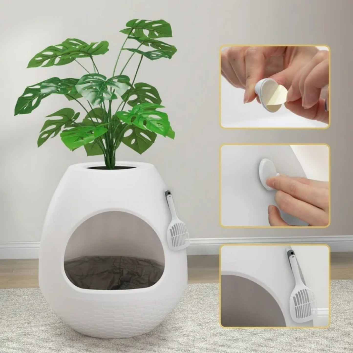 LunaLulinlk white cat litter box set with artificial plants, additional scoop, and replaceable litter box liner