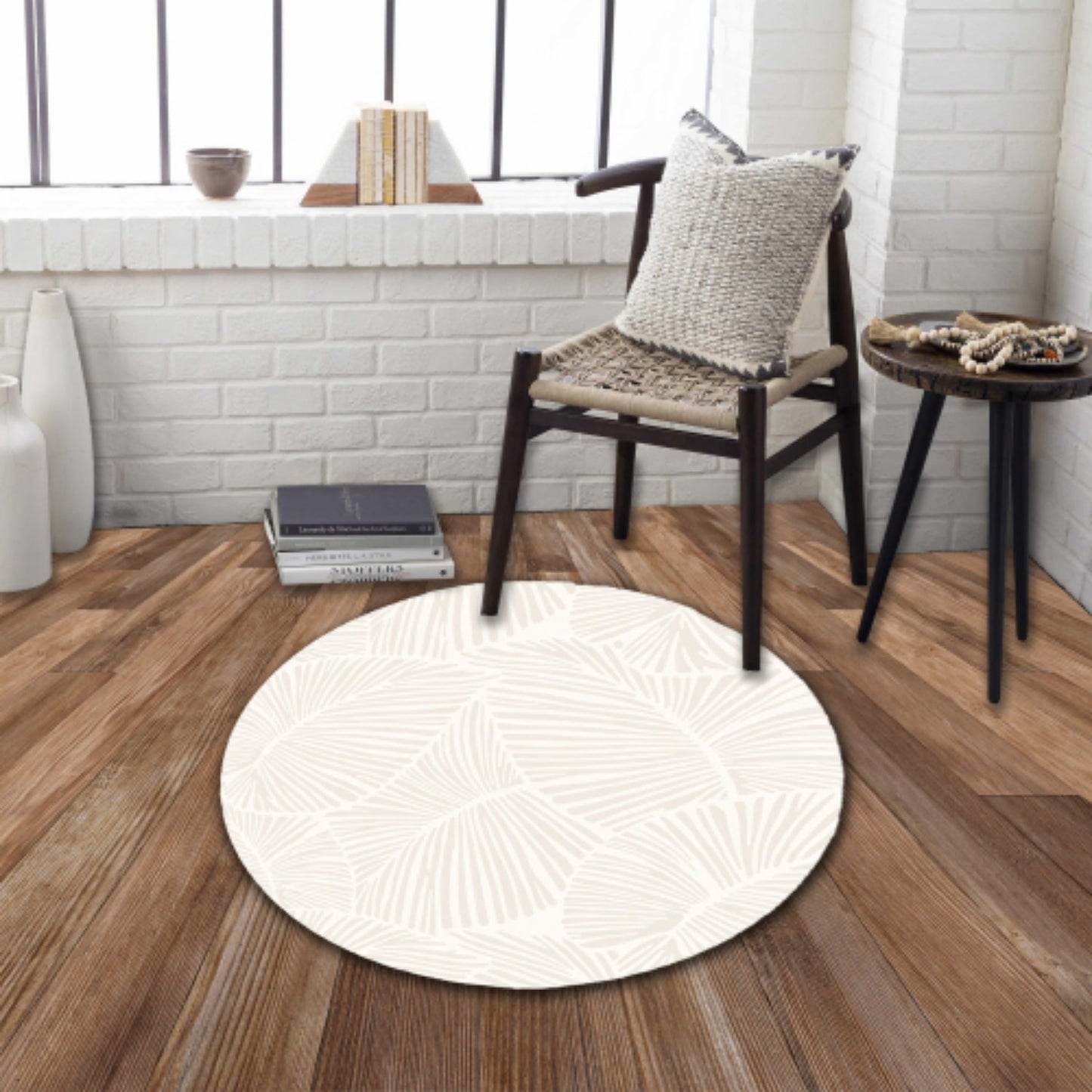 LunaLulinlk White CURVE Line Leaf design41" x - 41" Round Rug