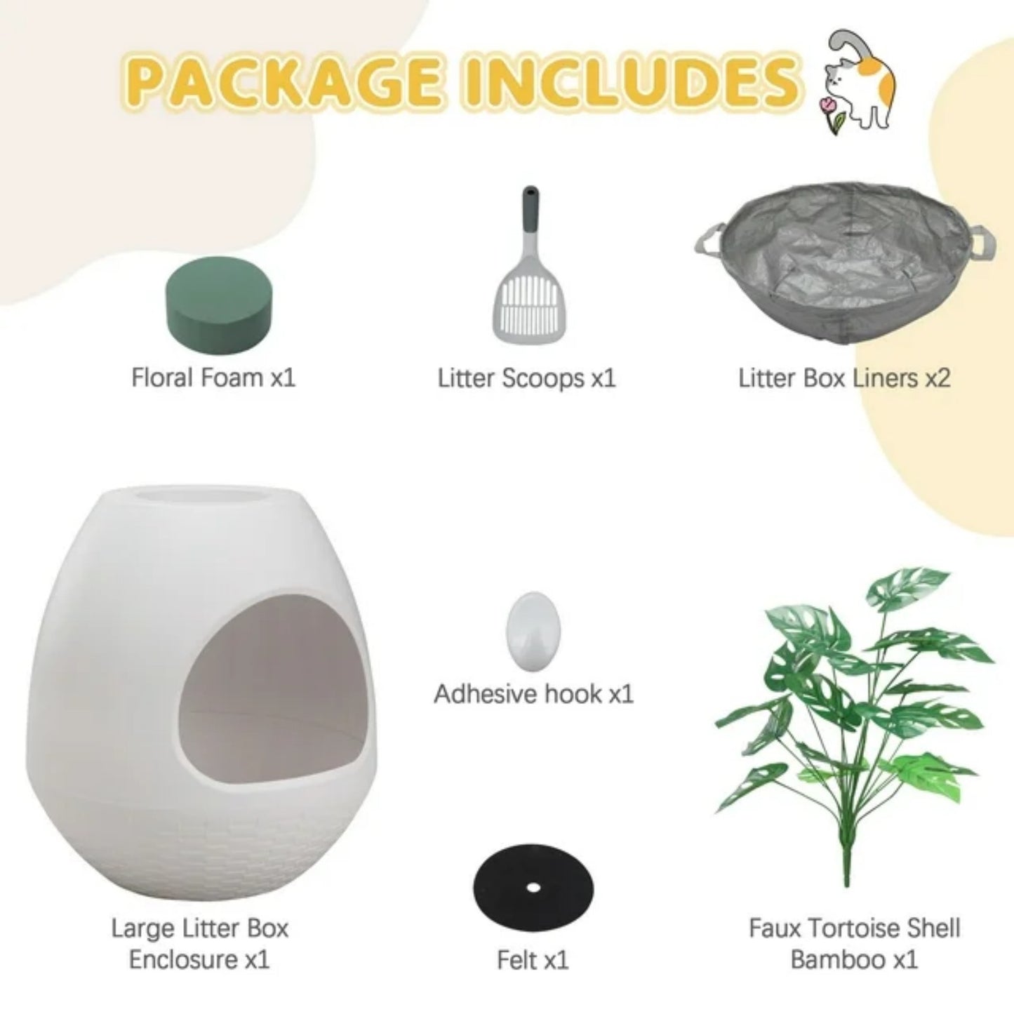 LunaLulinlk white cat litter box set with artificial plants, additional scoop, and replaceable litter box liner
