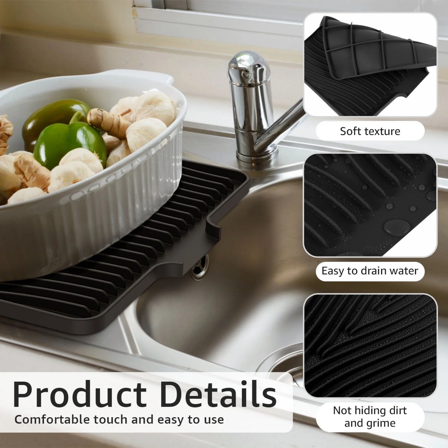 LunaLulinlk Silicone Dish Drying Mat with Raised Drain 16x12 inche Lip Nonslip Dish Drain Mat Heat Resistant Reusable Silicone Drying Pad (Black)
