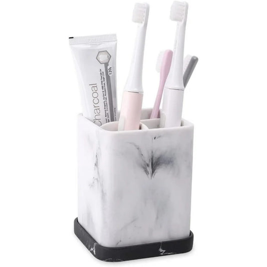 LunaLulinlk Toothbrush Holder Bathroom Countertop White Marble with Detachable Tray