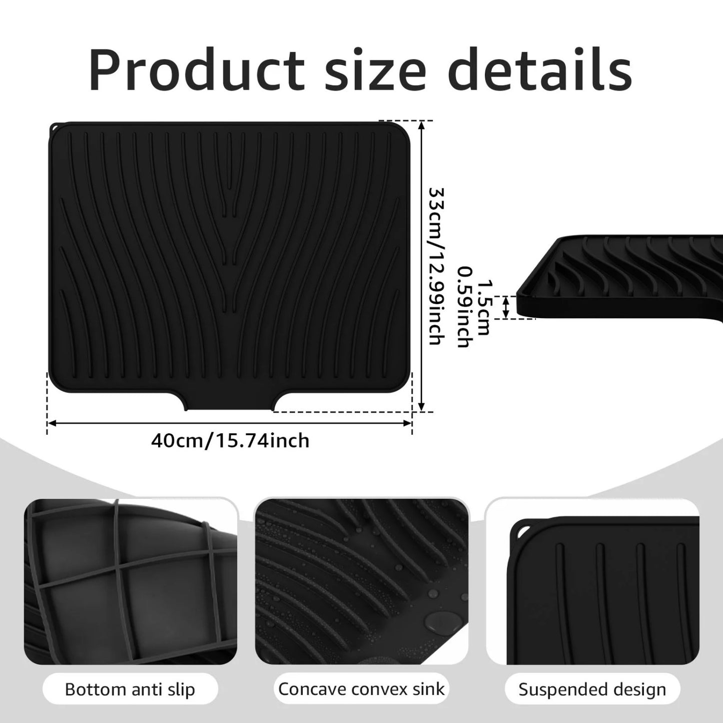 LunaLulinlk Silicone Dish Drying Mat with Raised Drain 16x12 inche Lip Nonslip Dish Drain Mat Heat Resistant Reusable Silicone Drying Pad (Black)