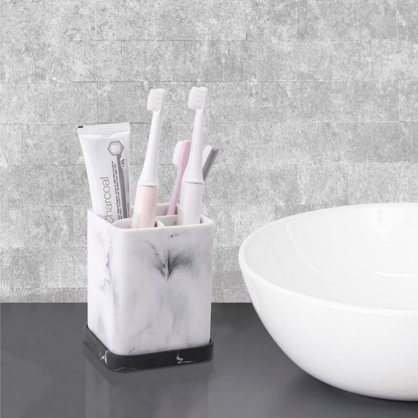 LunaLulinlk Toothbrush Holder Bathroom Countertop White Marble with Detachable Tray