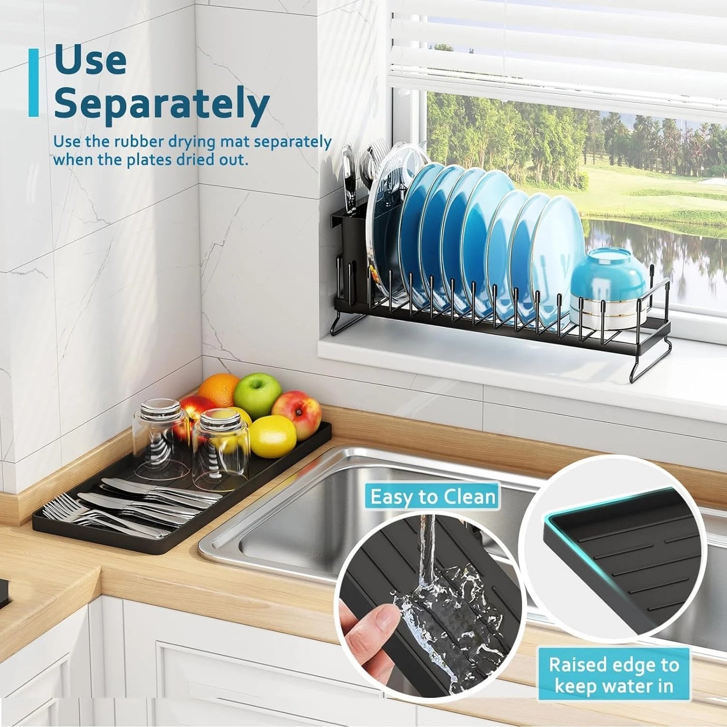LunaLulinlk Small Dish Drying Rack - Compact Dish Rack for Kitchen Counter with Silicone Dish Drying Mat, Stainless Steel Dish Drainer