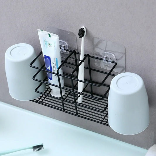 LunaLulinlk Toothbrush Holder Rack with Mouthwash Cup Holder Slots, Toothbrush Toothpaste Holder Wall-Mounted Drill Free Storage Rack Black