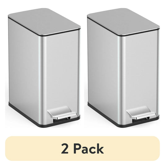 LunaLulinlk Silver Stainless Steel (2 Pack) 2.6 Gallon Trash Can, Ultra-Slim Step-Up Bathroom Trash Can
