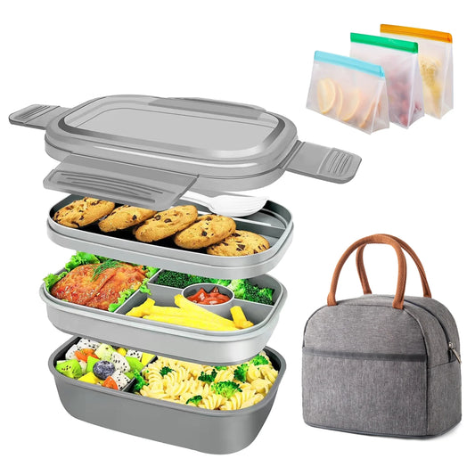 LunaLulinlk Three-Tier Bento Box with Bag - All-in-One Stackable Lunch Box, Leak-Proof Lunch Box Strap, 1900ml, Built-in Cutlery Set, Lunch Bag