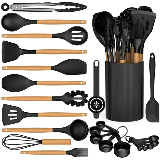 LunaLulinlk Wooden Handle Silicone Cooking Utensil Set, Eco-Friendly, High Heat Resistant 446°F Kitchen Utensils with Stand, BPA Free