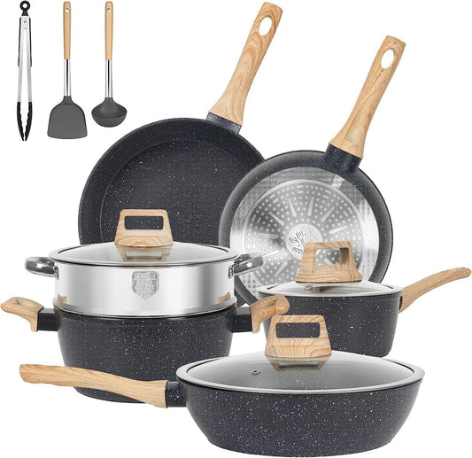 LunaLulink 12-Piece Nonstick Cookware Set, Sticky Granite Cooking Set