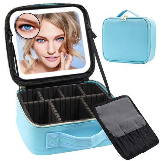 LunaLulinlk Travel Makeup Bag with Mirror of LED Lighted, Makeup Train Case with Adjustable Dividers