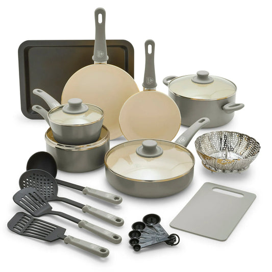 LunaLulink 18-Piece Soft Grip Toxin-Free Healthy Ceramic Non-Stick Cookware Set,Dishwasher Safe