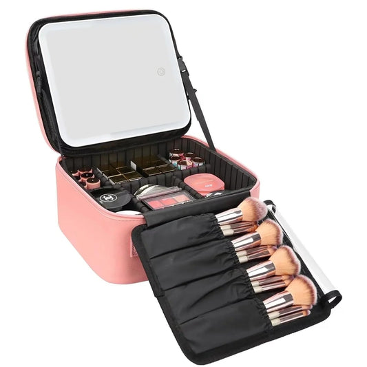 LunaLulinlk Travel Makeup Bag With LED Mirror, Cosmetic Train Case with Light up Mirror