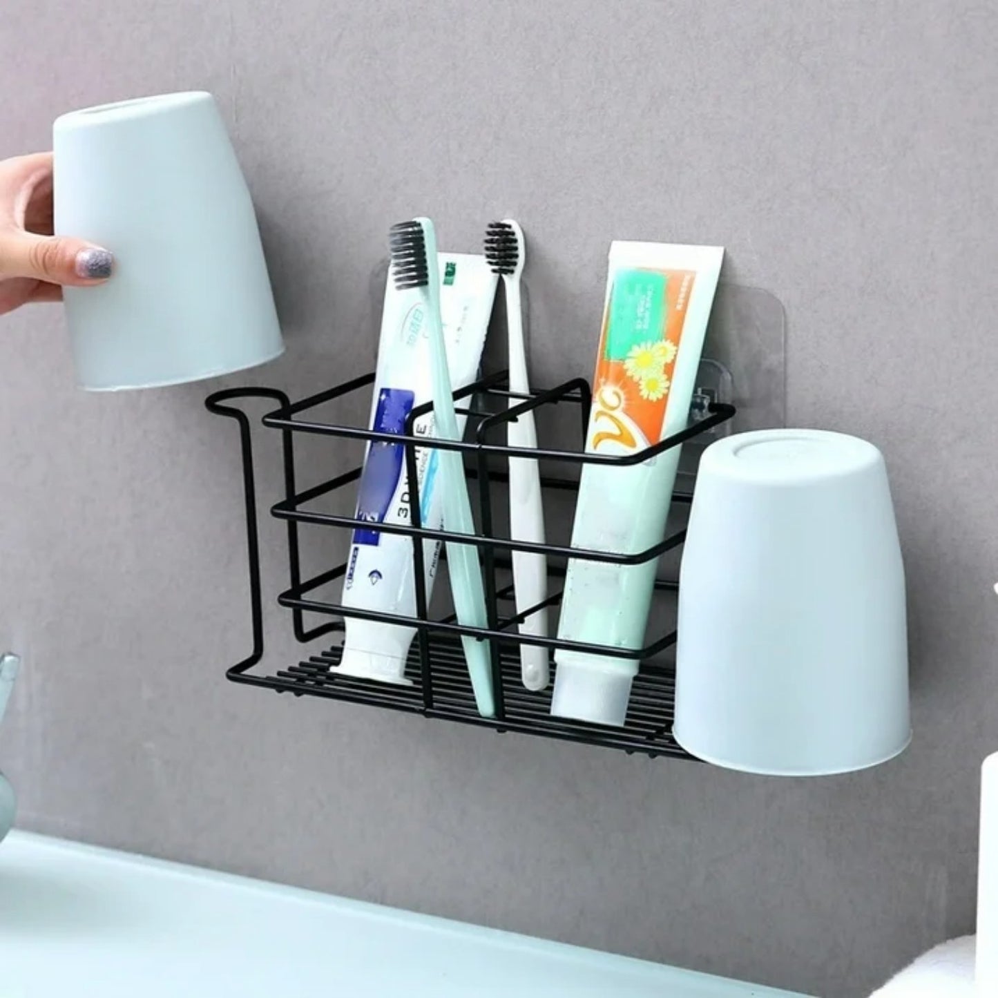 LunaLulinlk Toothbrush Holder Rack with Mouthwash Cup Holder Slots, Toothbrush Toothpaste Holder Wall-Mounted Drill Free Storage Rack Black