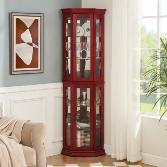 LunaLulinlk Tempered glass lighted corner display cabinet, bar cabinet, with light bulb，red
