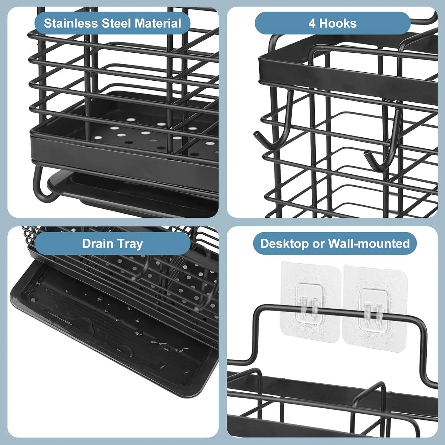 LunaLulinlk Utensil Holder for Kitchen Counter, Stainless Steel Cooking Utensil Holder Organizer with 3 Compartments, Utensil Drying Rack with Hooks