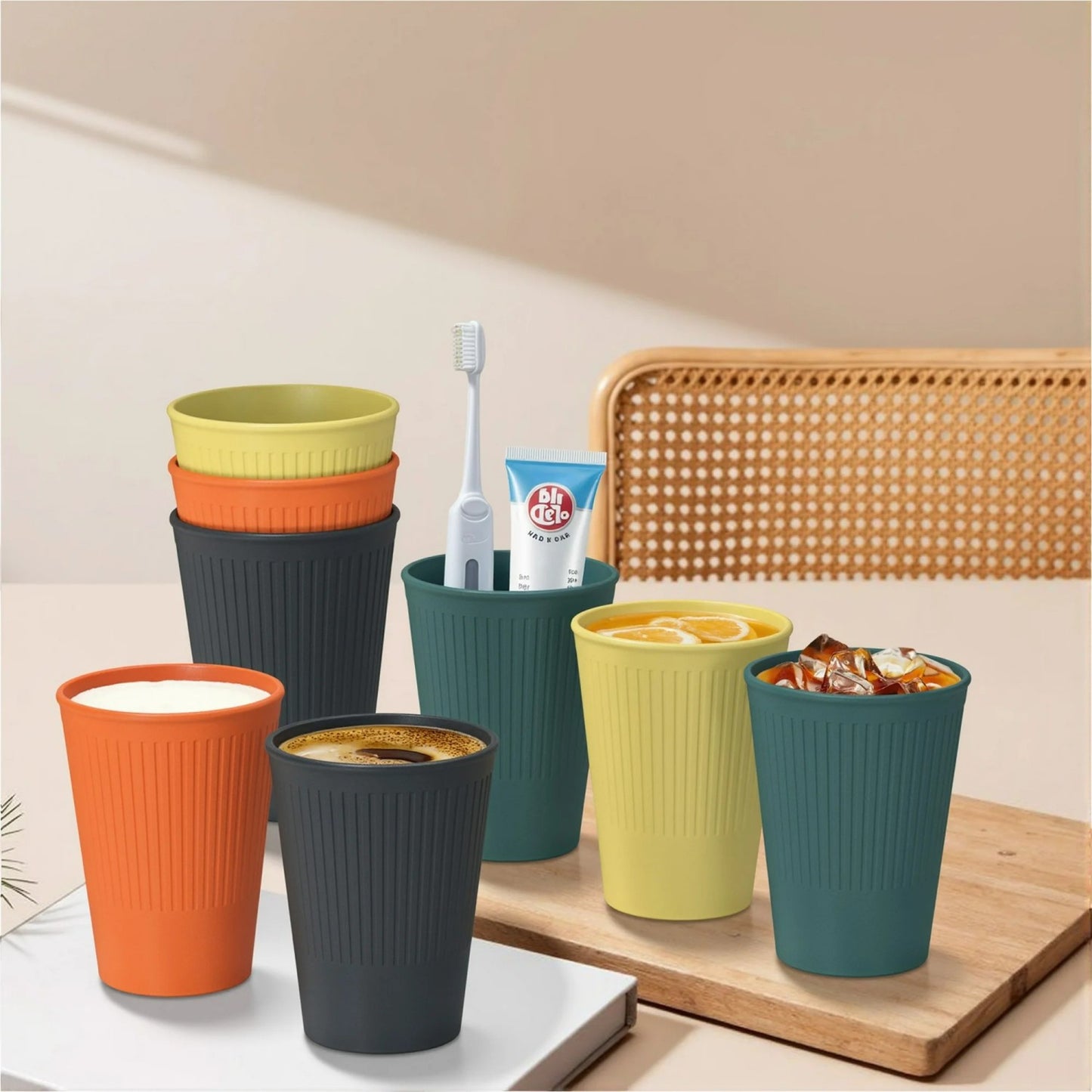 LunaLulinlk Wheat Straw Unbreakable Cups Set of 8, 12 OZ Drinking Glasses, Reusable Plastic Cups, Drinking Cups, Multicolor