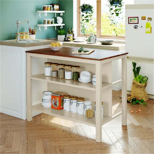 LunaLulinlk Solid Wood Rustic 45" Stationary Kitchen Island with 2 Open Shelves for Small Places,Walnut+Cream White