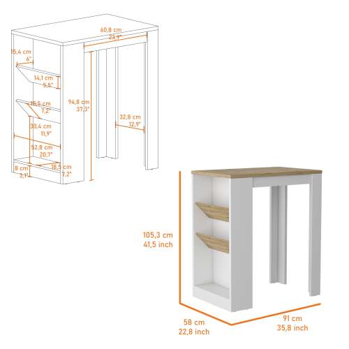 LunaLulinlk Wine Storage Pedestal Kitchen Island White and Macadamia